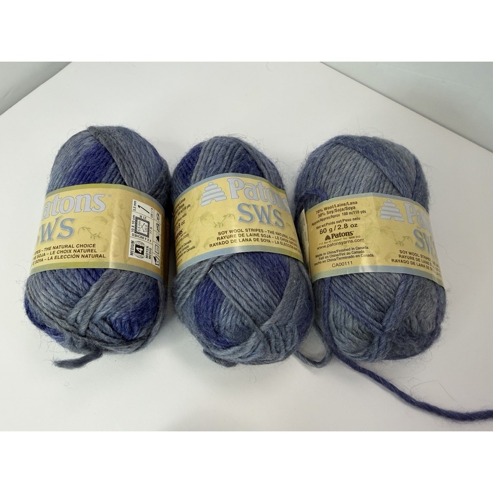 Patons SWS Yarn Natural Denim 70117 Soy Wool Stripes Lot Of 3 80g Each